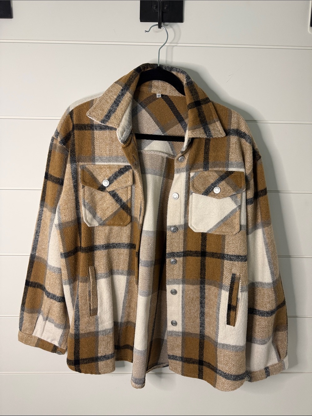 Cozy Plaid Shacket in Camel and Cream